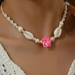 🌺 Luxe Hawaiian Shell Choker – Island-Inspired Necklace with Pink Flower Accent